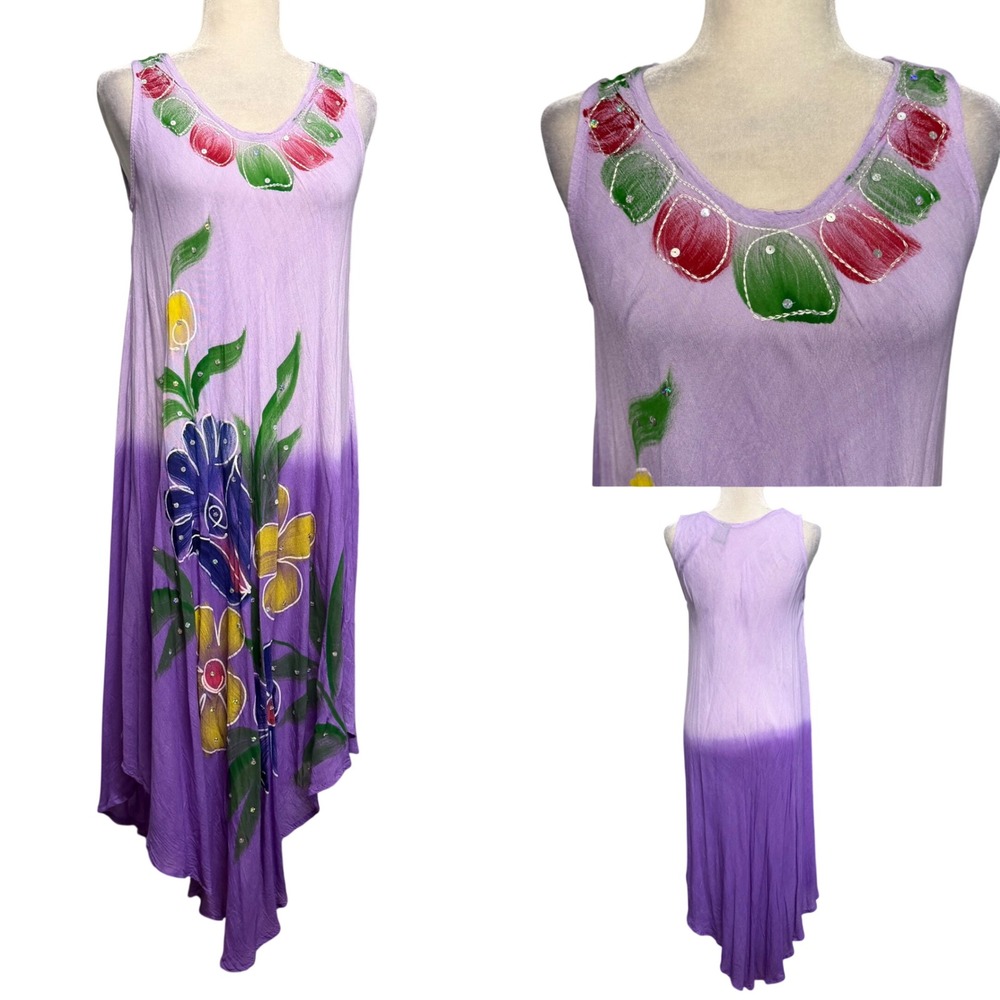 Womens S Midi Swing Dress Asymmetrical Boho Hippie Festival Fairy Watercolor
